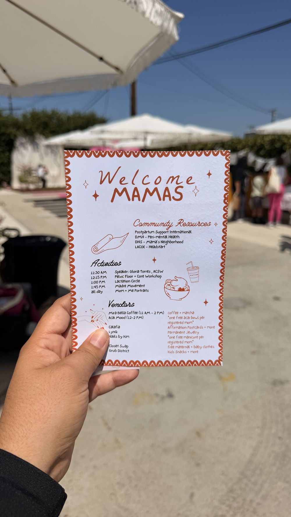 The printed program card for the day, listing community resources, activities, and vendors.